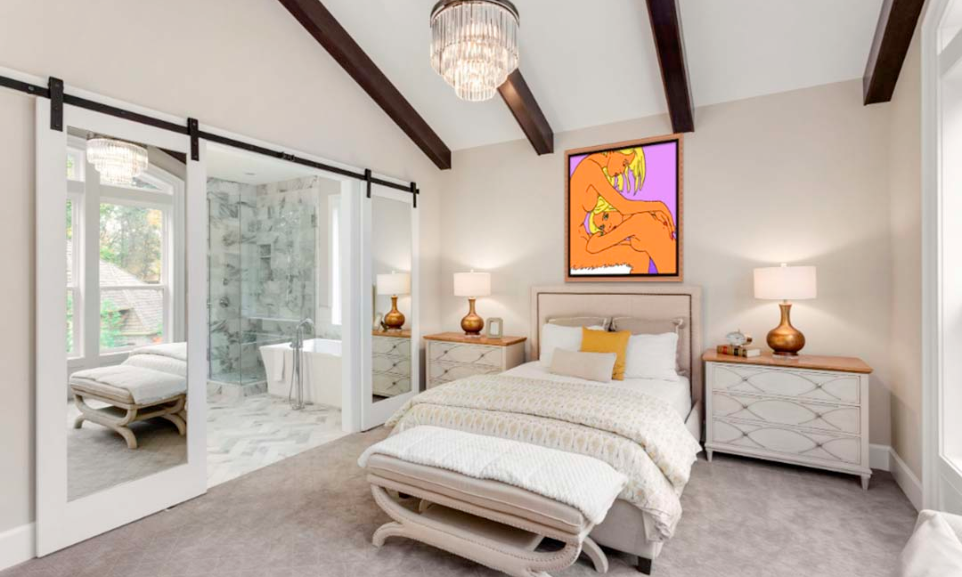 une chambre à coucher avec le tableau de Lou Blitz