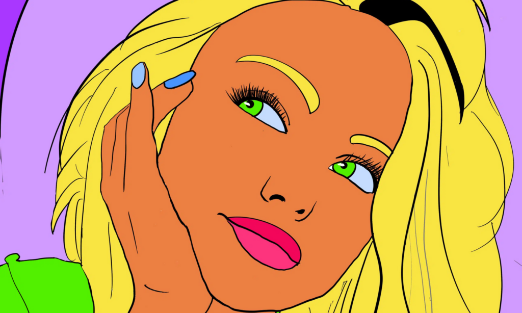 un dessin d'une femme blonde aux yeux bleus